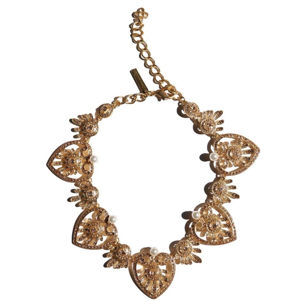Oscar de la Renta gold heart pink crystal pearl chain choker necklace